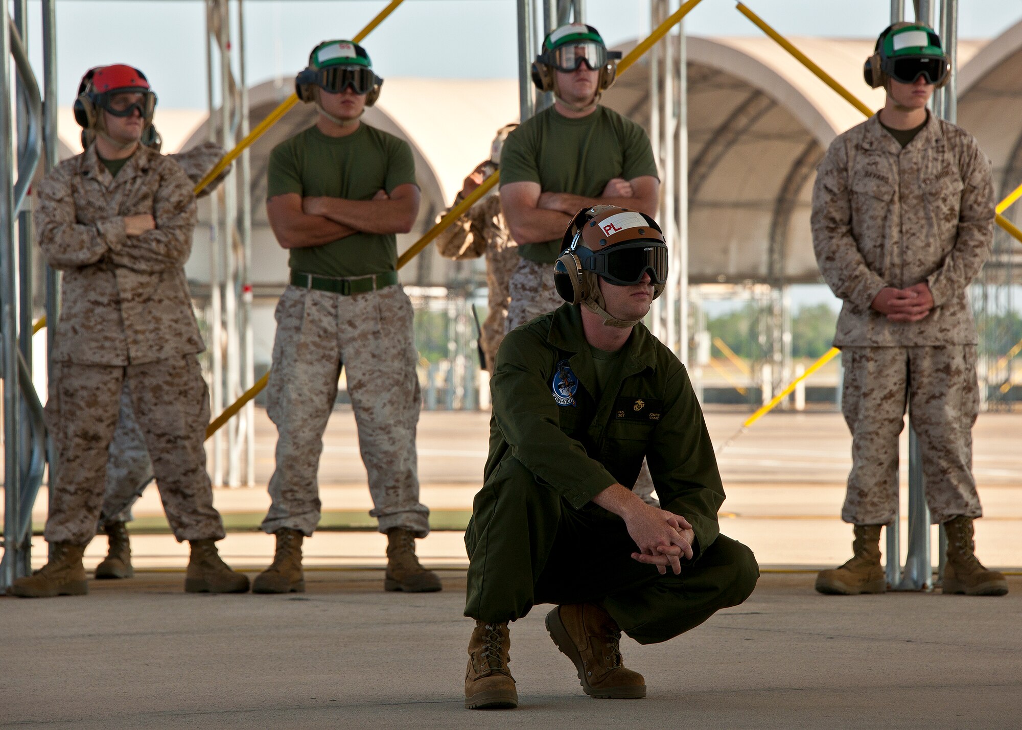 Sgt. Brandon Jones, a maintainer with the Marine Fighter Attack Squadron-501, monitors the F-35B Lightning II joint strike fighter during an engine run May 7 at Eglin Air Force Base, Fla.  (U.S. Air Force photo/Samuel King Jr.)