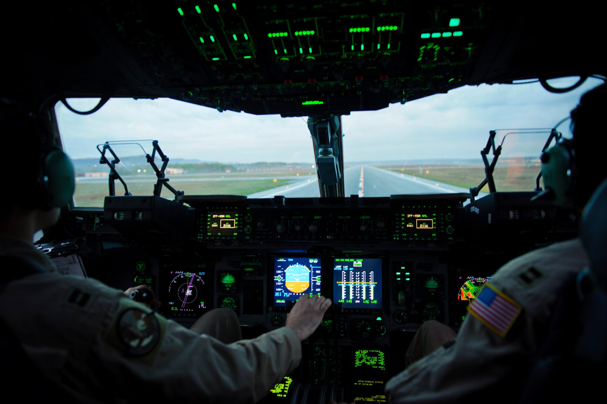 RAMSTEIN AIR BASE, Germany – Capt. Tyrus Scott and Capt. Carlos Nivia, 816th Expeditionary Airlift Squadron pilots, taxis his C-17 Globemaster III for take-off April 27, 2012. (U.S. Air Force photo/Staff Sgt. Nathanael Callon)