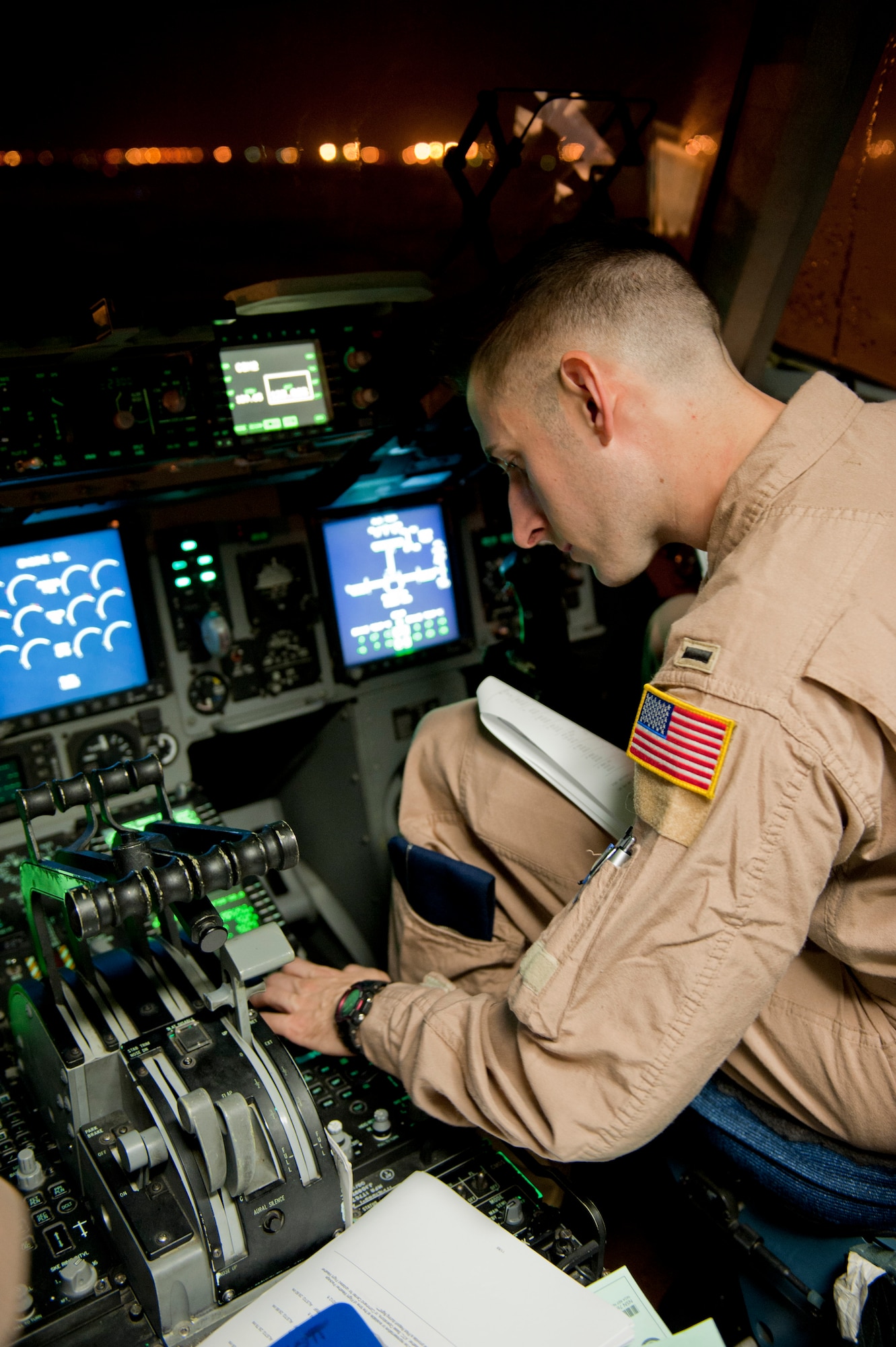 C-17 Globemaster III pilot 1st Lt. Karl Johnson, 6th Airlift Squadron, performs preflight checks May 4, 2012, at Incirlik Air Base, Turkey. The C-17 aircrew from Joint Base McGuire-Dix-Lakehurst, N.J., transported a Turkish air force UH-60 Black Hawk helicopter to Kabul, Afghanistan, May 5, 2012. The joint support mission provided smooth delivery of the helicopter to replace one that crashed December 2011. (U.S. Air Force photo by Senior Airman Anthony Sanchelli/Released)