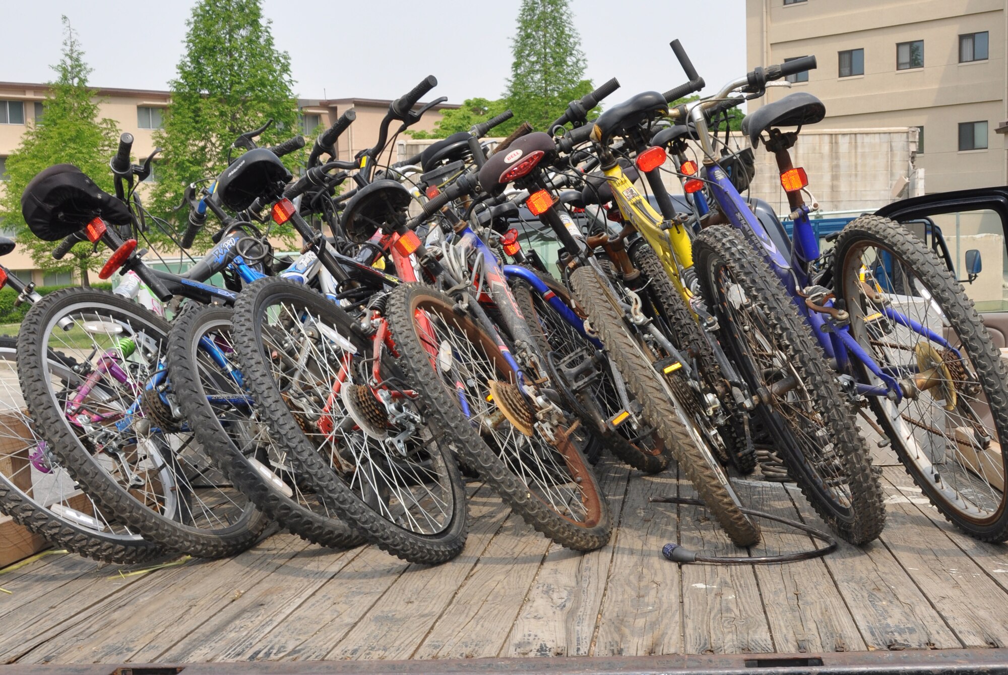 Bikes collected during the annual bicycle round-up at Osan Air Base, Republic of Korea, sit on flat bed of a truck May 8, 2012. After the 45-day grace period, the bicycles will be sold by the thrift store for $5 to $50 dollars depending on the quality, brand and style of the bike.  (U.S. Air Force photo/Airman 1st Class Michael Battles)