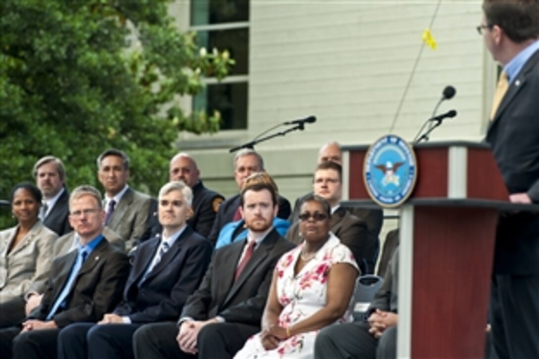 Deputy Defense Secretary Ashton B. Carter thanks Defense Department civilian employees for their hard work and dedication at the Spirit of Service awards at the Pentagon, May 9, 2012.