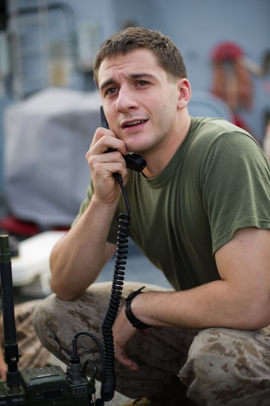 Lance Cpl. Jake C. Sanders conducts communications checks during a class aboard USS Pearl Harbor here May 9. The 20-year-old Menomonee Falls, Wis., native serves as a motor-transport mechanic for Battalion Landing Team 3/1, the ground combat element for the 11th Marine Expeditionary Unit. The unit embarked the ship, as well as USS Makin Island and USS New Orleans in San Diego Nov. 14, beginning a seven-month deployment to the Western Pacific, Horn of Africa and Middle East regions.
