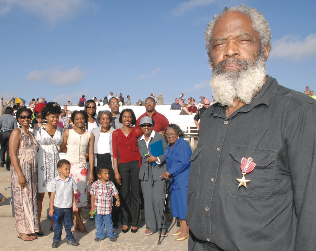 Willie J. Robinson receives the Bronze Star with Combat “V” for valor during a ceremony in front of family, friends, Marines and civilian-Marines at Marine Corps Logistics Base Albany, May 1, for heroic actions while deployed south of DaNang, Vietnam, in 1965.