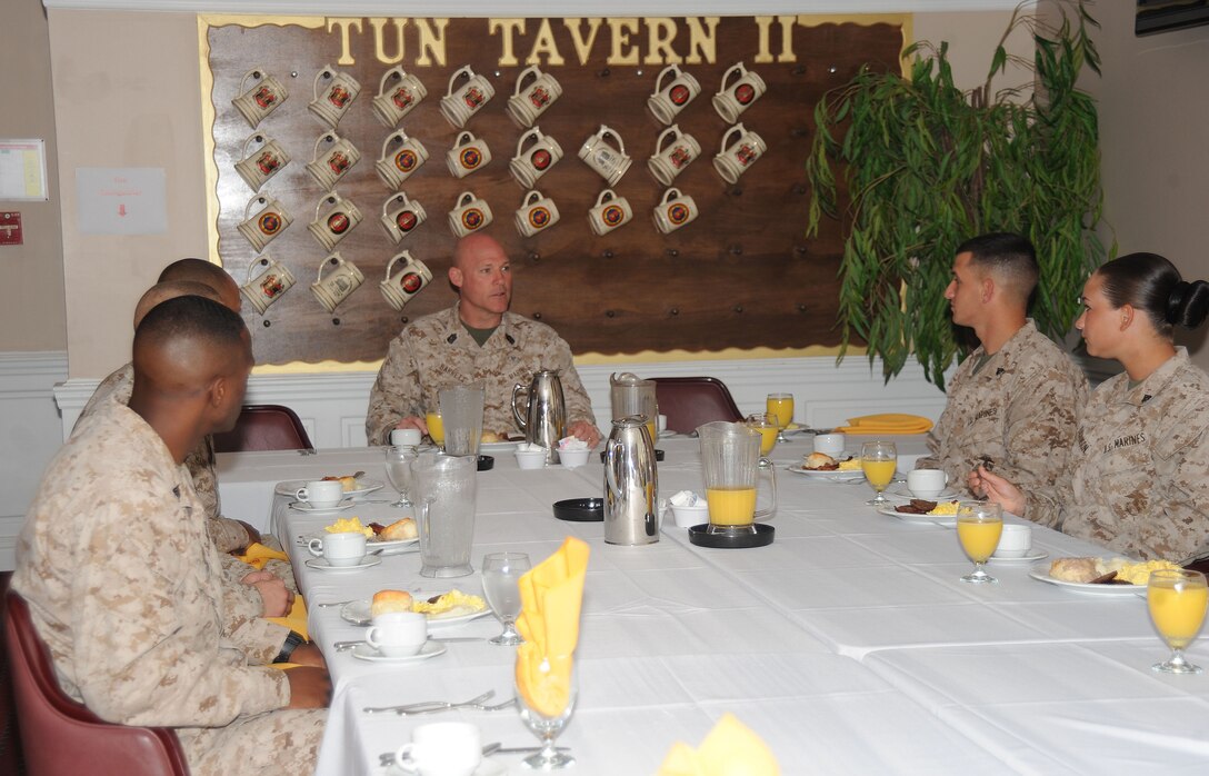 Sgt. Maj. Micheal P. Barrett, 17th Sergeant Major of the Marine Corps, visits with Marine Corps Logistics Base Albany and Marine Corps Logistics Command noncommissioned officers during a breakfast at the Tun Tavern II Staff Noncommissioned Officers’ Lounge, May 3.