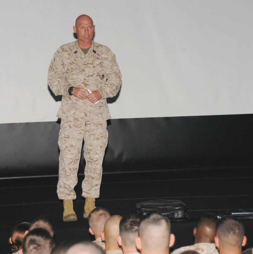 Sgt. Maj. Micheal P. Barrett, 17th Sergeant Major of the Marine Corps, addressed Marines from Marine Corps Logistics Base Albany and Marine Corps Logistics Command at the Base Theater, May 3.