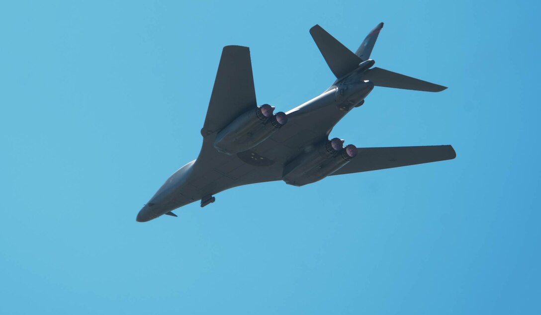 A B-1 performs a high speed pass as part of a Warrior Flyby conducted by the 37th Bomb Squadron at Ellsworth Air Force Base, S.D., May 4, 2012. The B-1 is a long-range, multi-role heavy bomber that can reach speeds of 900-plus miles per hour. (U.S. Air Force photo by Airman 1st Class Zachary Hada/Released)