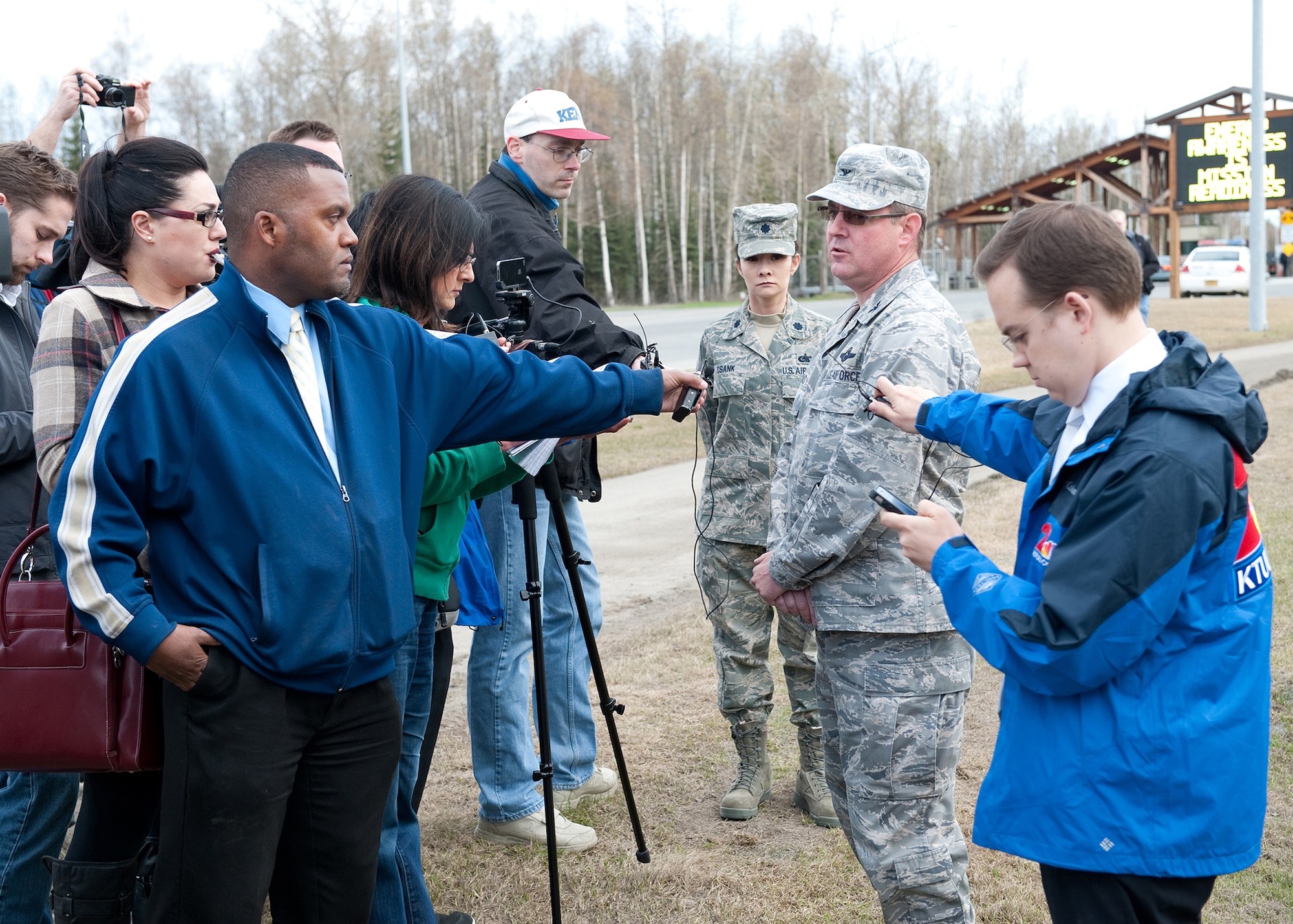Air Force Col. Robert Evans gives a statement and answers questions related to the disappearance and death of Senior Airman Clinton Reeves during a press conference held outside the Boniface Gate at Joint Base Elmendorf-Richardson, Alaska May 10. The base initially issued a news release regarding Reeves' disappearance April 28 and the Anchorage Police Department announced that the body found in an Eagle River, Alaska, ditch was Reeves. A fellow airman has been arrested and charged with six felony counts of tampering with evidence in the case. Evans is the 673d Air Base Wing commander. (U.S. Air Force photo/Staff Sgt. Robert Barnett)