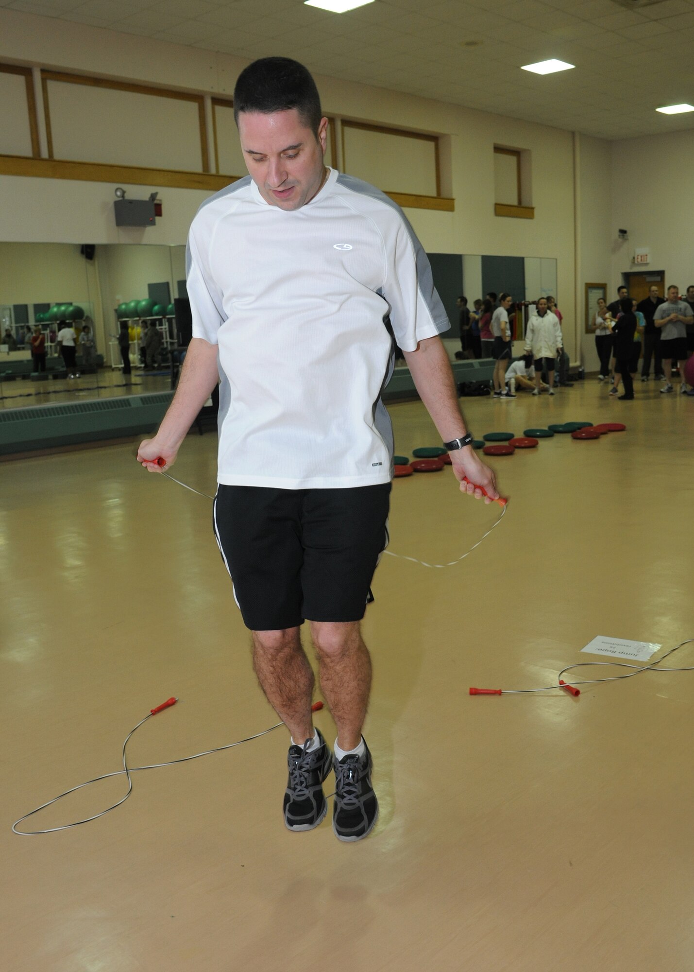 Master Sgt. Jason Reiter, captain of team "Death Star," jumps rope March 8, 2012, during a fitness competition at the Grand Forks Air Force Base, N.D., Fitness Center. (U.S. Air Force photo/Airman 1st Class Ashley N. Taylor)