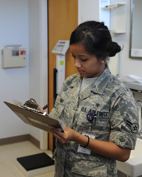 U.S. Air Force Airman 1st Class Janna Harina annotates information on a patient’s chart during a check-up at the 4th Medical Group on Seymour Johnson Air Force Base, N.C., May 8, 2012. Information such as pain level, medications, surgical history and allergies are routinely noted for a better understanding of the patient’s needs. Harina, 4th Medical Operations Squadron medical technician, is from San Diego. (U.S. Air Force photo/Airman 1st Class John Nieves Camacho/Released)