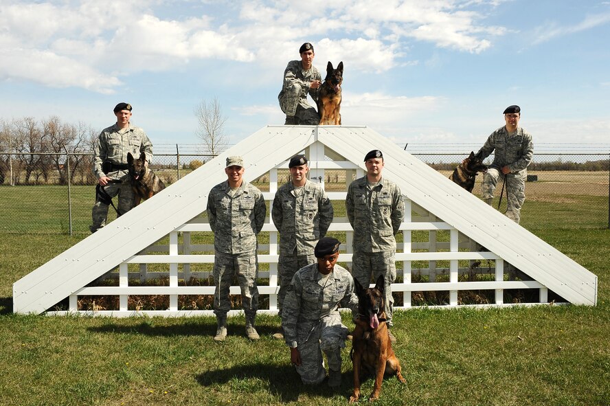 From left to right up top: Military Working Dog Handler Staff Sgt. Daniel Rumfelt, Military Working Dog Kety, MWD Handler Tech. Sgt. Mark Jenner, MWD Kitty, MWD Handler Tech. Sgt. Willis Asbury, MWD Roko; from left to right bottom: Chief Master Sgt. Kevin Jurgella and Tech. Sgt. Randy Akin, MWD Handler Staff Sgt. David Wyrick; up front: MWD Handler Staff Sgt. Christopher Bennett, MWD Arno.

MINOT AIR FORCE BASE, N.D. -- The 5th Security Forces Squadron K-9 section is comprised of nine handlers and nine Military Working Dogs, responsible for providing immediate explosive and drug detection in support of Minot Air Force Base’s resources and over 17,000 residents.  Although most personnel see the dogs conducting vehicle searches at the main gate, their primary responsibility is to provide support to the Weapons Storage Area and associated nuclear security operations. The military working dog is a vital asset commonly called upon by Secret Service, Office of Special Investigations and state and federal organizations from Devil’s Lake to the Montana border. Over the last couple of years the 5th SFS K-9 section has been called upon to avert 8 civilian bomb threats, 6 counter drug operations and most importantly, secure locations during 27 POTUS visits around the world. (U.S. Air Force photo/Airman 1st Class Kristoffer Kaubisch)