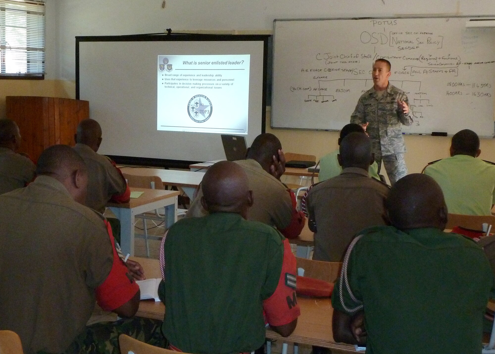 Senior Master Sgt. Steve Horton, U.S. Air Forces Africa public affairs, conducts a training session on senior noncommissioned officer roles and responsibilities for members of the Botswana Defense Force May 9 in Gabarone, Botswana.  A three-person public affairs from team conducted a week-long training course for the BDF as part of AFAFRICA’s ongoing commitment to building partnership capacities with their African partners.  (U.S. Air Force photo by Maj. Christina Hoggatt/Released)