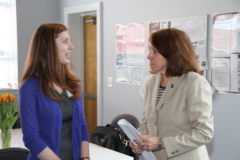 ALEXANDRIA, Va. — Andrea Adams, Veterans Curation Program supervisor (left), chats with the Honorable Jo-Ellen Darcy, Assistant Secretary of the Army (Civil Works) (right), prior to the open house ceremony for the Veterans Curation Project laboratory here, May 1, 2012. The Alexandria laboratory is one of three Veteran Curation Program labs funded and operated by USACE, joining the two labs previously opened in Augusta, Ga., in October 2009 and in St. Louis, Mo., in December 2009. Each site was selected because it is home to high populations of veterans and returning wounded veterans.