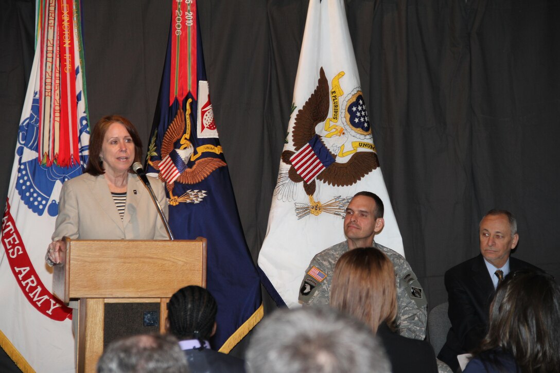 ALEXANDRIA, Va. — The Honorable Jo-Ellen Darcy, Assistant Secretary of the Army (Civil Works), delivers the keynote address at the open house ceremony for the Veterans Curation Program Laboratory here, May 1, 2012. The Alexandria laboratory is one of three Veteran Curation Program labs funded and operated by USACE, joining the two labs previously opened in Augusta, Ga., in October 2009 and in St. Louis, Mo., in December 2009. Each site was selected because it is home to high populations of veterans and returning wounded veterans.