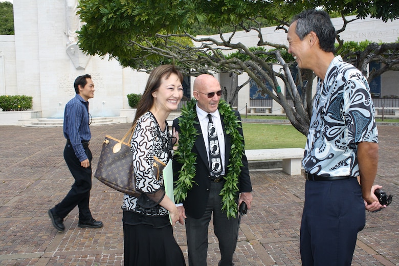 Tammy Luke, who will be taking over as project manager, Gene Castagnetti, Director of National Memorial Cemetery of the Pacific, and Andrew Kohashi, Chief of Military Branch, chat before breaking ground and blessing the new Vietnam Pavilions Project at the National Memorial Cemetery of the Pacific at Punchbowl on May 9.