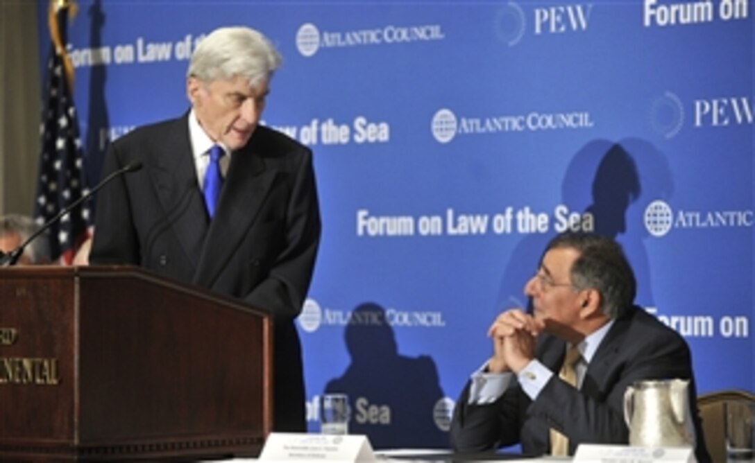 Former Sen. John Warner (left) introduces Secretary of Defense Leon E. Panetta at the Forum on the Law of the Sea Convention held at the Willard Intercontinental Washington Hotel, Washington D.C, on May 9, 2012.  