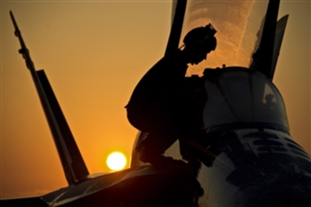 Navy Petty Officer 1st Class Nathaniel Stuart conducts a turnaround inspection on an F/A-18 Hornet during a morning turns evolution in Pensacola, Fla., May 8, 2012. Stuart is an aviation ordnanceman and crew chief assigned to the Navy Flight Demonstration Squadron the Blue Angels.