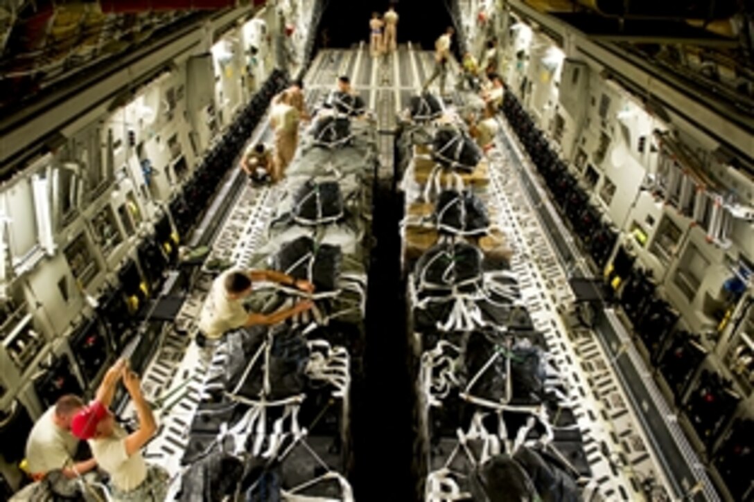 U.S. Army joint airdrop inspection riggers rig static lines for an airdrop on a C-17 Globemaster III at an undisclosed location in Southwest Asia, May 4, 2012. The U.S. Air Forces Air Mobility Division uses the C-17 as one of two aerial resupply platforms. In 2011, the division directed the dropping of more than 58,000 bundles of critical supplies to personnel in austere combat outposts. 