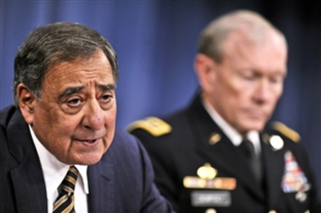 Defense Secretary Leon E. Panetta and Army Gen. Martin E. Dempsey, chairman of the Joint Chiefs of Staff, conduct a press conference in the Pentagon press briefing room, May 10, 2012.