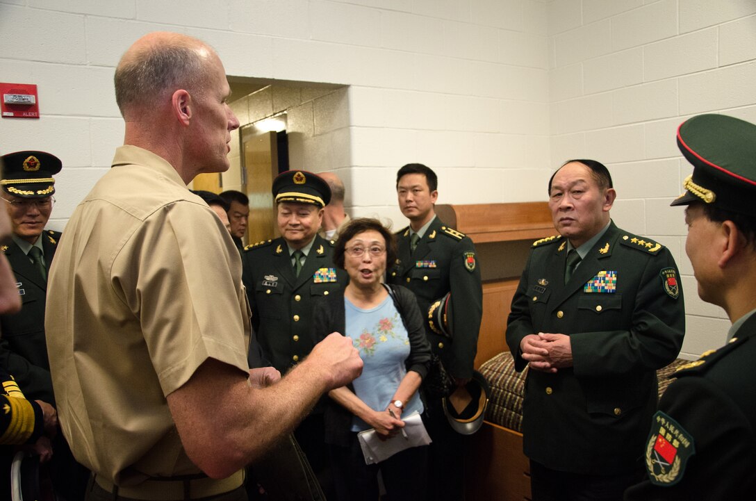 The People’s Republic of China Minister of National Defense Gen. Liang Guanglie is shown the inside of a barracks room by Brig. Gen. Christopher Owens, the deputy commanding general of II Marine Expeditionary Force, during his visit to Marine Corps Base Camp Lejeune, N.C., May 9. During the visit, II MEF Marines showcased several Marine Corps vehicles and equipment sets to highlight the Corps’ emphasis on training and professional development and its capabilities and role in U.S. and global security.   Liang and the rest of the Chinese delegation are in the midst of a tour of several military installations on the East and West Coasts at the invitation of U.S. Secretary of Defense Leon Panetta. The purpose of these visits is to highlight the improvement of the U.S.’s capacity to cooperate in areas of mutual interest, such as humanitarian assistance and disaster relief, and addressing non-traditional and transnational security threats and counter-piracy.