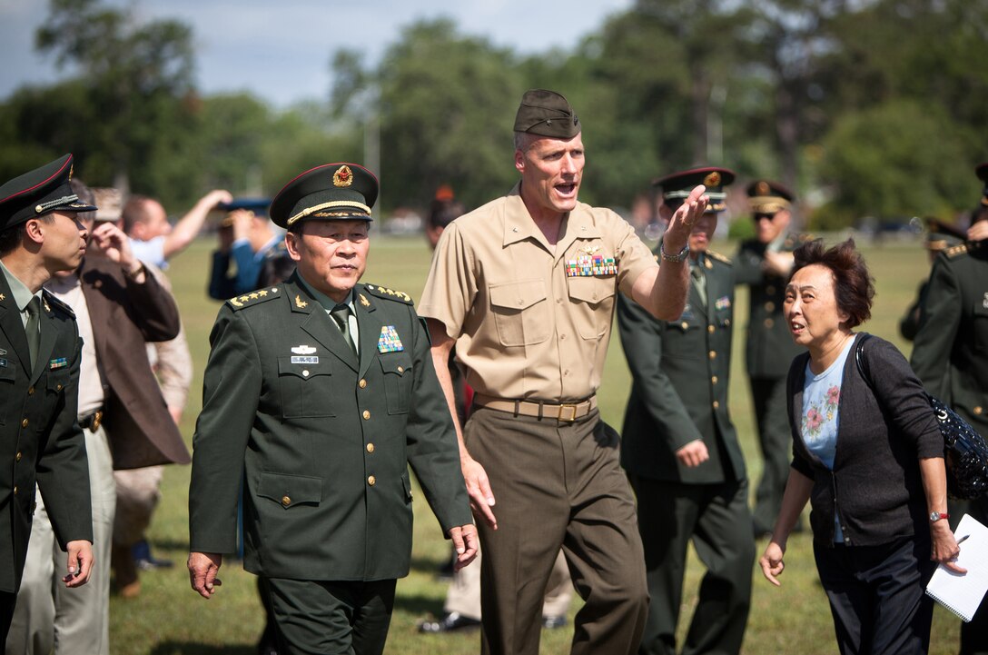 The People’s Republic of China Minister of National Defense Gen. Liang Guanglie is greeted by Brig. Gen. Christopher Owens, the deputy commanding general of II Marine Expeditionary Force, upon arriving at Marine Corps Base Camp Lejeune, N.C., May 9. During the visit, II MEF Marines showcased several Marine Corps vehicles and equipment sets to highlight the Corps’ emphasis on training and professional development and its capabilities and role in U.S. and global security.   Liang and the rest of the Chinese delegation are in the midst of a tour of several military installations on the East and West Coasts at the invitation of U.S. Secretary of Defense Leon Panetta. The purpose of these visits is to highlight the improvement of the U.S.’s capacity to cooperate in areas of mutual interest, such as humanitarian assistance and disaster relief, and addressing non-traditional and transnational security threats and counter-piracy.