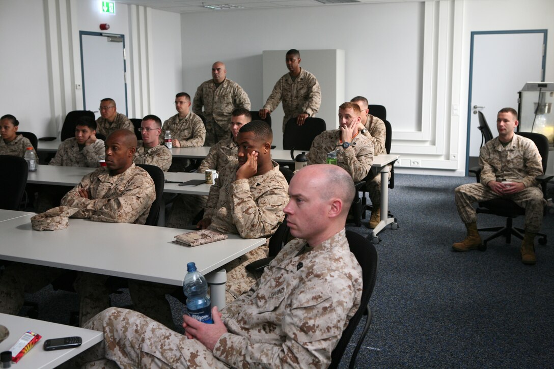 Marines with U.S. Marine Corps Forces Europe and Africa honor the sacrifices of American and French troops by studying the history of the First World War battle for Belleau Wood, France. The class was to educate the Marines on the historical facts that surround Belleau Wood as they prepare to honor this legacy by participating in a Memorial Day ceremony on the historic battlefield later this month with the Assistant Commandant of the Marine Corps, the Marine Corps Battle Color Detachment from Marine Barracks Washington, D.C., the USMC Fleet Anti-Terrorism Security Company from Rota, Spain, and elements of the 5th and 6th Marine Regiments and U.S. Marine Corps Forces Europe scheduled to attend.