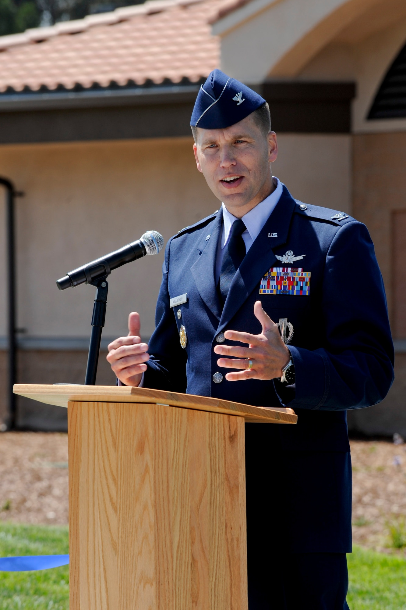 VANDENBERG AIR FORCE BASE, Calif.-- Col. Brent McArthur, 30th Space Wing vice commander, speaks during the ribbon cutting of the new Child Development Center here Friday, May 11th, 2012. The new facility is slated to open to base-affiliated children May 21, and will provide 37 more child care slots. (U.S. Air Force photo/Staff Sgt. Levi Riendeau)