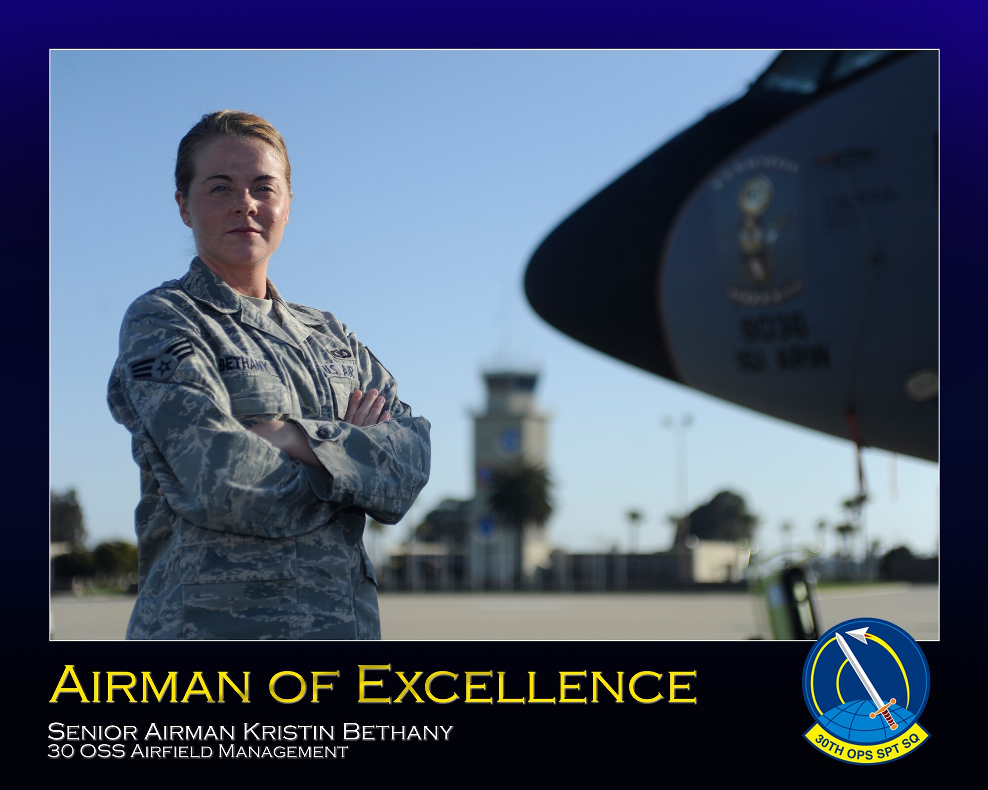 VANDENBERG AIR FORCE BASE, Calif. -- Please join Col. Nina Armagno, 30th Space Wing commander, in congratulating Senior Airman Kristin Bethany, 30th Operations Support Squadron airfield management operation supervisor, for earning the 2011 Air Force Space Command Airfield Management Journeyman of the Year Award. Bethany is recognized for her efforts managing 55 airfield inspections, a completion of a 648,000 dollar seal replacement project, identifying six major lighting outages on the flight line, directing the disaster relief effort, coordinating 30,000 pounds of boric acid to aid relief for the Japan tsunami, was also recognized as an "All Star" performer during an Air Education and Training Command Inspector General inspection. Bethany also mentored a junior Airman during his 5 skill level training for more than 470 hours. Senior Airman Kristin Bethany is Vandenberg's Airman of Excellence! (U.S. Air Force photo illustration/Staff Sgt. Andrew Satran) 

 