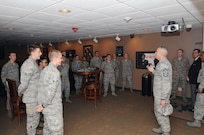 Chief Master Sgt. Jose LugoSantiago, 502nd Air Base Wing and Joint Base San Antonio command chief master sergeant, talks with Airmen at the enlisted dormitory on JBSA-Randolph May 11. He talked about the Air Force Core Values and his position on supporting the Airmen. (U.S. Air Force Photo by Don Lindsey)