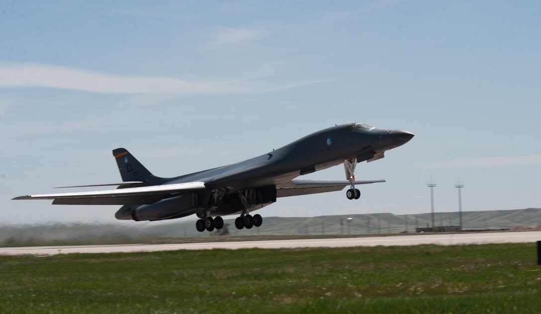 A B-1 bomber leaves Ellsworth Air Force Base, S.D., May 10, 2012, bound for Green Flag, a training exercise at Nellis Air Force Base, Nev. Green Flag occurs approximately 10 times a year. Since 1975, not only Air Force aircrews, but other military branches and U.S. allies have taken part in the two-week exercises. (U.S. Air Force photo by Airman 1st Class Kate Thornton/Released)