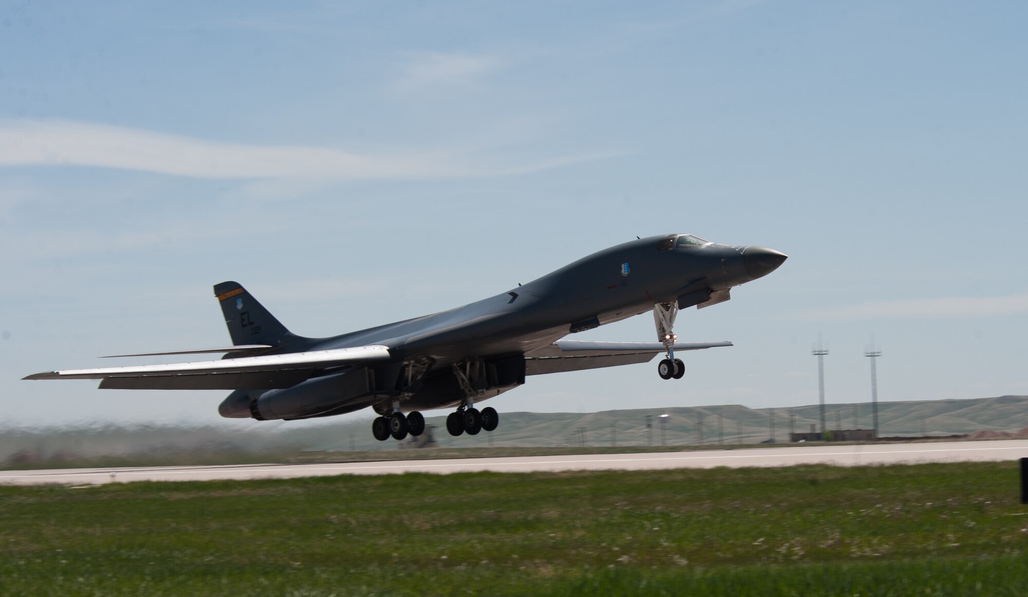 A B-1 bomber leaves Ellsworth Air Force Base, S.D., May 10, 2012, bound for Green Flag, a training exercise at Nellis Air Force Base, Nev. Green Flag occurs approximately 10 times a year. Since 1975, not only Air Force aircrews, but other military branches and U.S. allies have taken part in the two-week exercises. (U.S. Air Force photo by Airman 1st Class Kate Thornton/Released)
