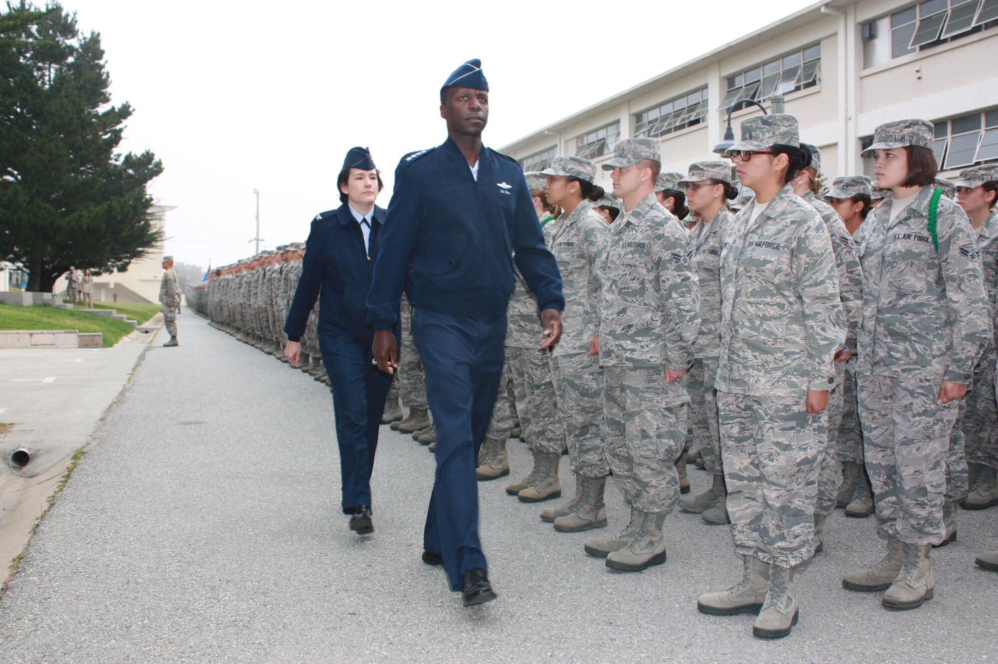 PRESIDIO OF MONTEREY, Calif. - Gen. Edward A. Rice Jr., Air Education and Training Command Commander, walks by a flight of Airmen during his visit of the 517th Training Group, May 9. He toured Airmen dorms and classrooms, and addressed a formation of more than 1800 students. (U.S. Air Force photo/Master Sgt. Lorene Huffman)