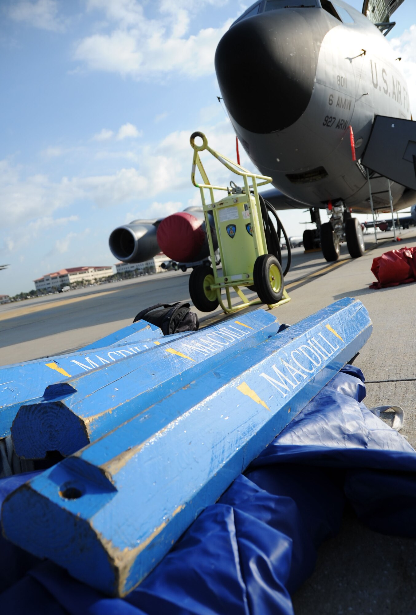 MACDILL AIR FORCE BASE, Fla. – These red-carpet version of wooden ‘chalks’ are used to secure aircraft wheels during static displays.  Each weighs 25 pounds and must be carried to and from the aircraft before each display.  (Official U.S. Air Force photo/Staff Sgt. Shawn Rhodes)