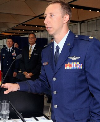 Maj. Joseph Hext speaks to cadets from the staff tower of Mitchell Hall during a Jabara Award ceremony May 3, 2012. Hext received the award for his heroic actions in the skies over Afghanistan Aug. 21, 2010, in support of Operation Enduring Freedom. (U.S. Air Force photo/Mike Kaplan)