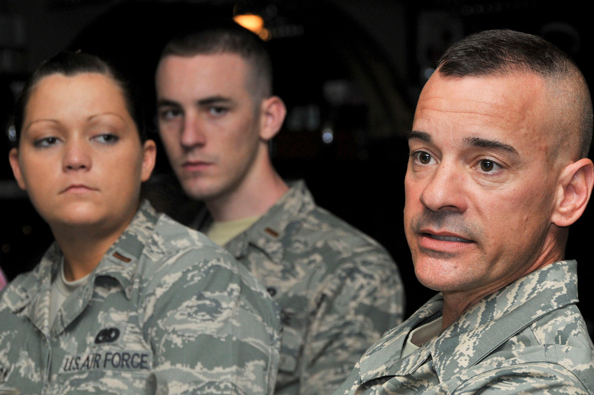 U.S. Air Force Chief Master Sgt. Mark Marson, 18th Wing command chief, speaks to company grade officers during the professional development meeting hosted by the Company Grade Officers' Council at Kadena Air Base, Japan, May 10. The command chief shared the enlisted corps perspective and gave mentorship advice to junior officers.  (U.S. Air Force photo/Staff Sgt. Darnell T. Cannady)  