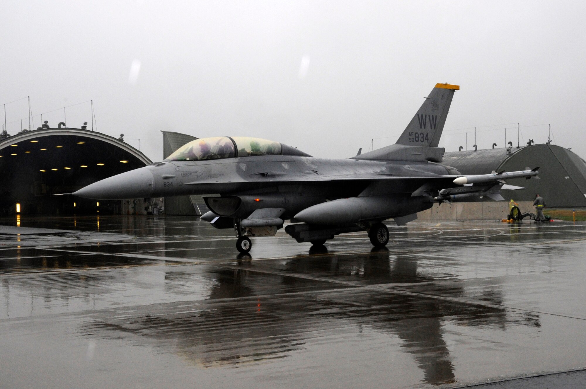 U.S. Air Force Capt. Jason Schaub, 14th Fighter Squadron pilot, taxies an F-16 Fighting Falcon aircraft in support of the Diesel Weasel exercise at Misawa Air Base, Japan, May 10, 2012. The Diesel Weasel Exercise prepares pilots to conduct close air support before participating in a Green Flag Exercise. (U.S. Air Force photo by Airman 1st Class Kaleb Snay/Released)
