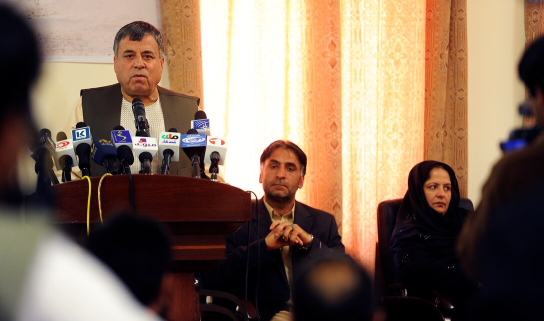 Dr. Tooryelai Wesa, Kandahar provincial governor speaks during the opening ceremony of the Kandahar Nursing and Midwife Institute May 9, 2012, in Kandahar, Afghanistan. The Kandahar Nursing and Midwifery will be able to train up to 800 students, both male and female, a year in nursing, midwifery, pharmacy, lab and dental services.