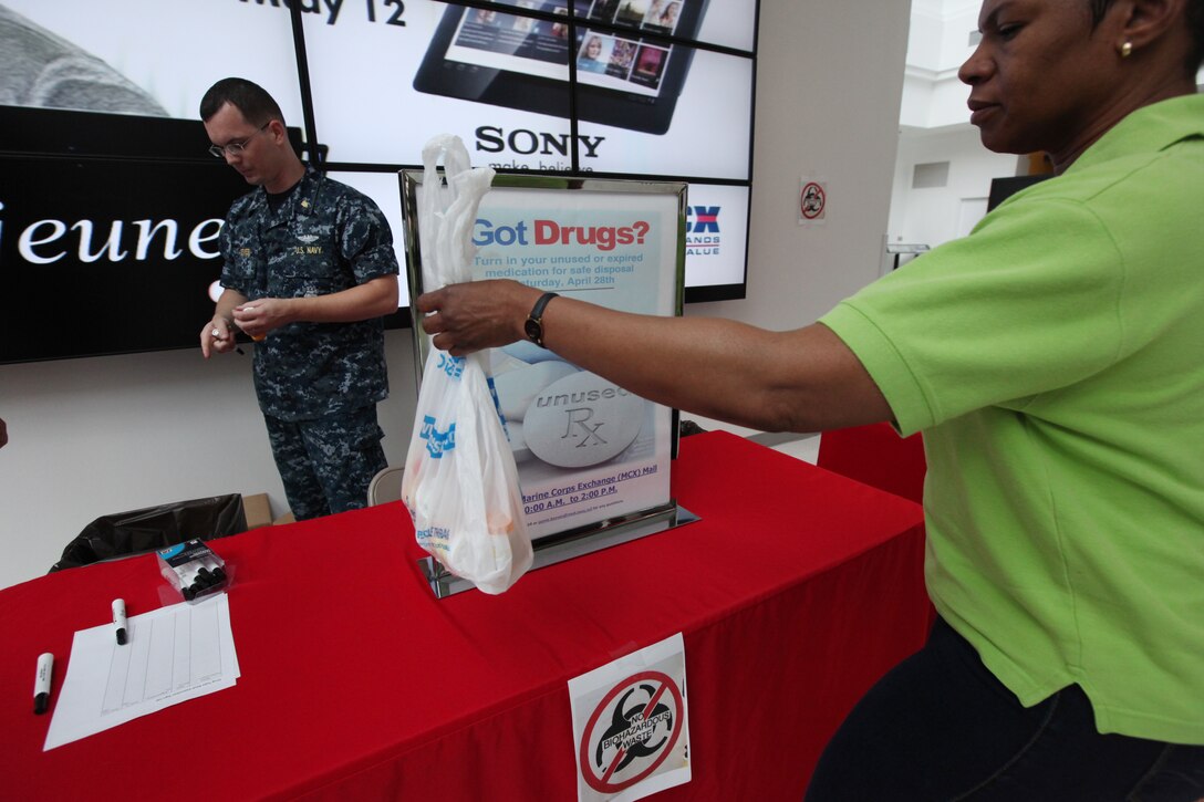 Unused and expired prescription drugs are collected for disposal during the Drug Take-Back event, hosted at the Marine Corps Exchange aboard Marine Corps Base Camp Lejeune, N.C., April 28.