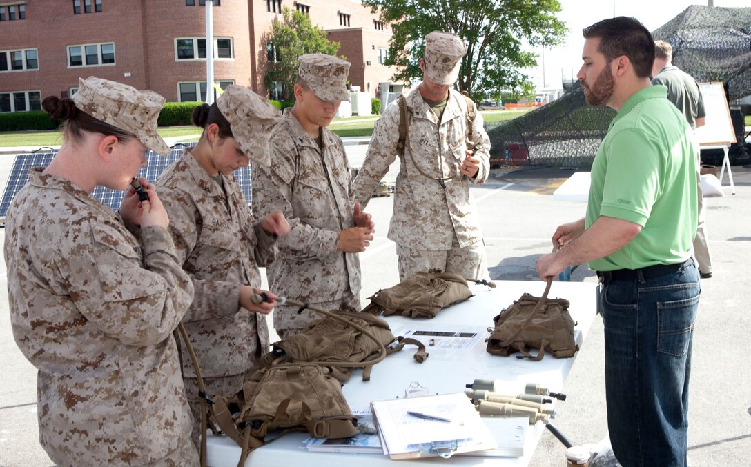 Marines try out different CamelBak nozzles while a vendor explains the pros and cons of each one at the third annual Experimental Forward Operating Base aboard Marine Corps Base Camp Lejeune, May 4. One of the main focuses of the ExFOB was to improve water quality and taste.