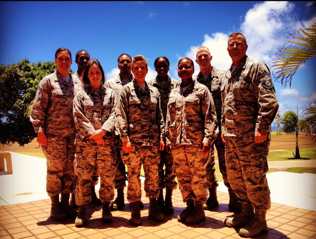 Andersen CGOC staff members pose for a picture with Chief Master Sgt. Margarita Overton and Chief Master Sgt. David Duncan at the Palm Tree Golf Course Clubhouse May 11. The CGOC members met with the chiefs for a “chief’s perspective” in support of professional development for young officers.  (U.S. Air Force coutesy photo/released)  