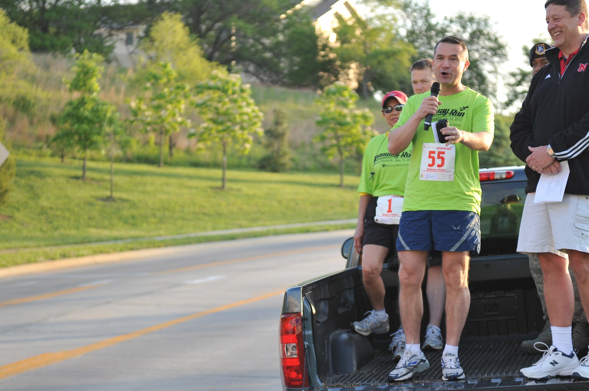 Brig. Gen. Donald Bacon, 55th Wing commander, wishes runners success at the Bellevue-Offutt Runway Run in Bellevue, Neb., May 13. This was the fifth annual event and approximately 200 people participated. (U.S. Air Force photo by Jeff W. Gates/Released)
