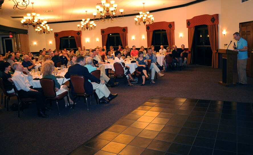 Col. Tim. Fay, 2nd Bomb Wing commander, gives his closing remarks during his farewell dinner on Barksdale Air Force Base, La., May 11. Friends and family and various Team Barksdale members attended the dinner where they presented Fay with gifts and mementos representing his time here. (U.S. Air Force photo/Senior Airman Sean Martin)(RELEASED)
