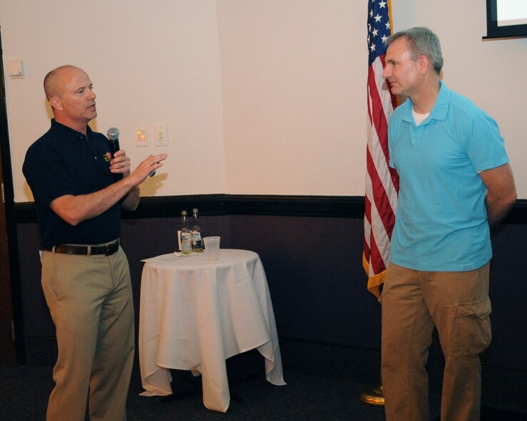 Col. Jonathan Ellis, 307th Bomb Wing commander, says a few words about Col. Tim Fay, 2nd Bomb Wing commander, during a farewell dinner on Barksdale Air Force Base, La., May 11. Members from various Barksdale units were in attendance to bid farewell to Fay as he moves on to his next assignment at the Pentagon. (U.S. Air Force photo/Senior Airman Sean Martin)(RELEASED)
