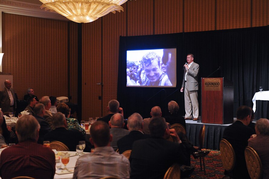 Retired Air Force Col. Chuck DeBellevue, the third speaker in the Eighth Air Force Museum Association's Distinguished Speaker Series, talks to a crowd of more than 160 guests about his experiences in Vietnam, May 12, at the Eldorado Resort and Casino in Shreveport, La. DeBellevue, the leading ace during the war, shared his experiences and the challenges his team faced during the conflict. (U.S. Air Force photo/Tech. Sgt. Mike Andriacco)