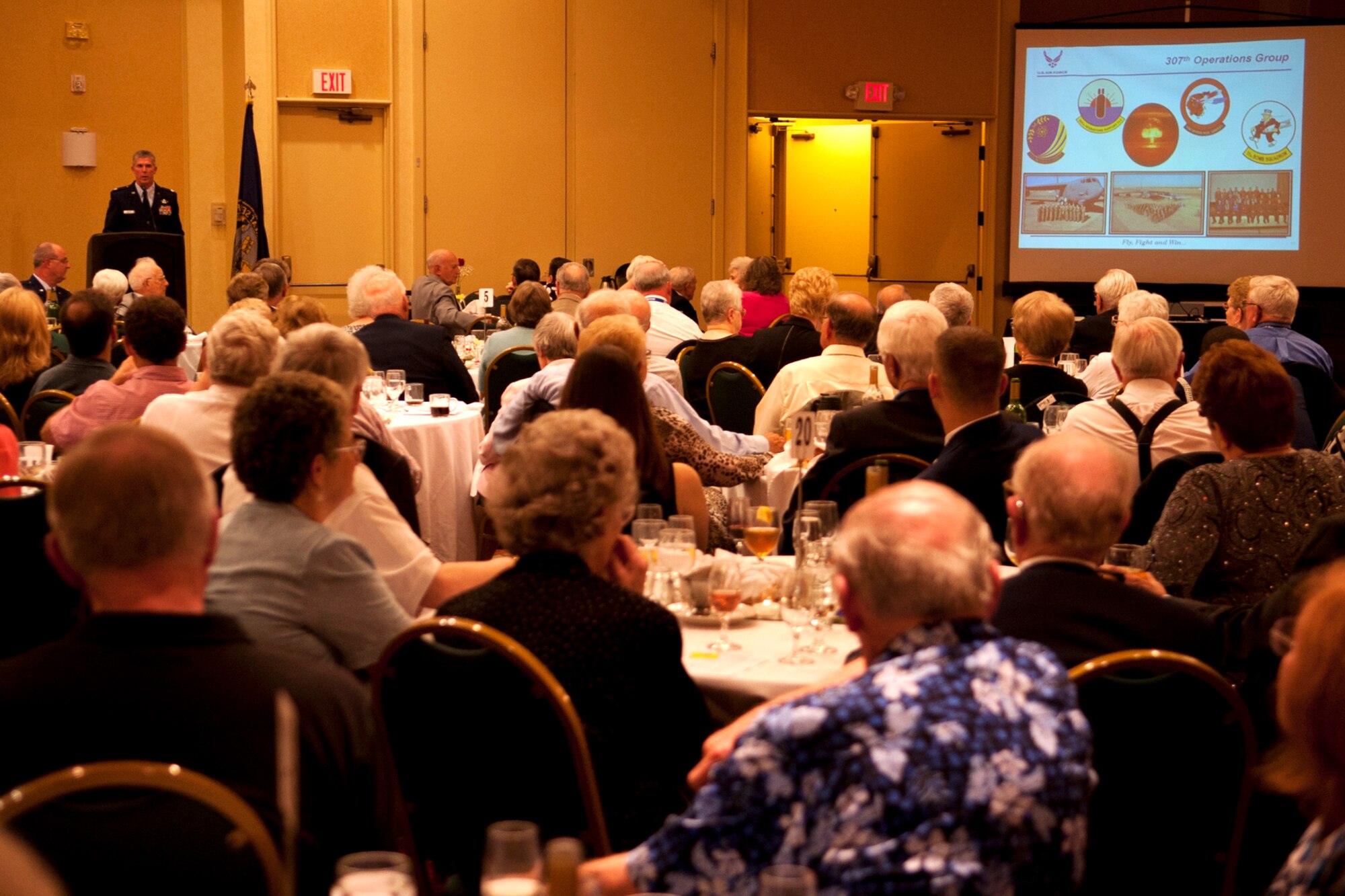U.S. Air Force Lt. Col. James Morriss, 307th Operations Group deputy commander, talks about the current mission of the 307th Bomb Wing during a 307th Bomb Wing Association reunion banquet at Lincoln, Neb., May 5, 2012. Over 100 former members of the bomb wing attended the event. (U.S. Air Force photo by Master Sgt. Greg Steele/Released)