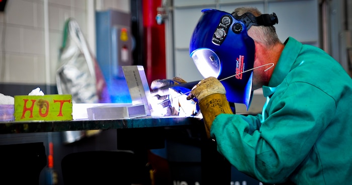 Ricky Childers, a DOD aircraft metals technology specialist with the 437th Maintenance Squadron out of Joint Base Charleston, S.C., performs an inert gas weld May 9, 2012. In inert gas welding, an arc is struck between an electrode and the sheet metal to be welded. (U.S. Air Force photo/Airman 1st Class Dennis Sloan)