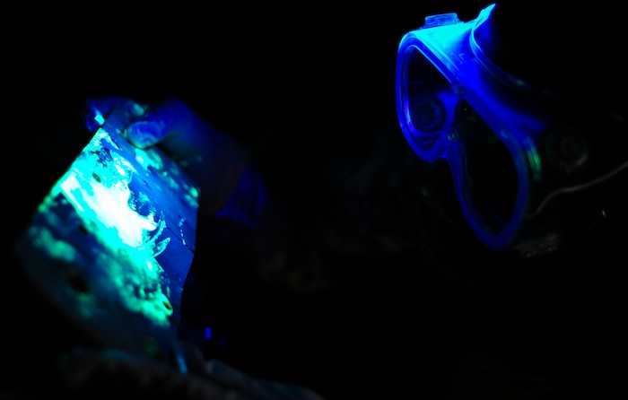 Airman 1st Class James Rogers, a non-destructive inspector with the 437th Maintenance Squadron out of Joint Base Charleston, S.C., demonstrates the use of the ultraviolet light in the penetrate inspection line May 9, 2012. The inspection line uses chemicals and ultraviolet lights to detect cracks and flaws in metal. (U.S. Air Force photo/Airman 1st Class Dennis Sloan)