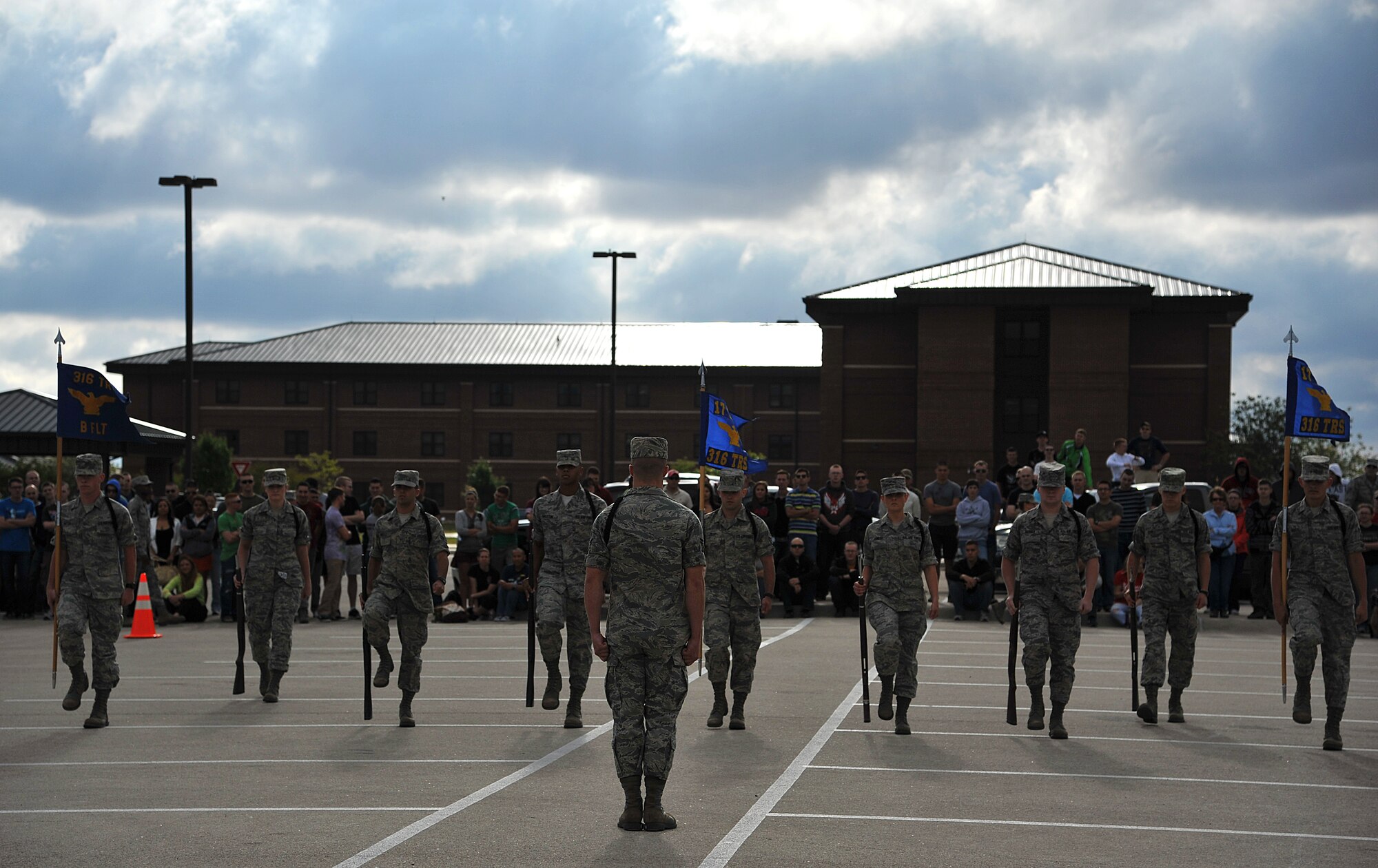 GOODFELLOW AIR FORCE BASE, Texas-- The 316th Training Squadron black ropes perform their regulation drill routine at the drill competition May 12. For the regulation drill portion of the competition each team showed off their choreography, rifle, and guidon skills. (U.S. Air Force photo/Airman 1st Class Michael Smith)