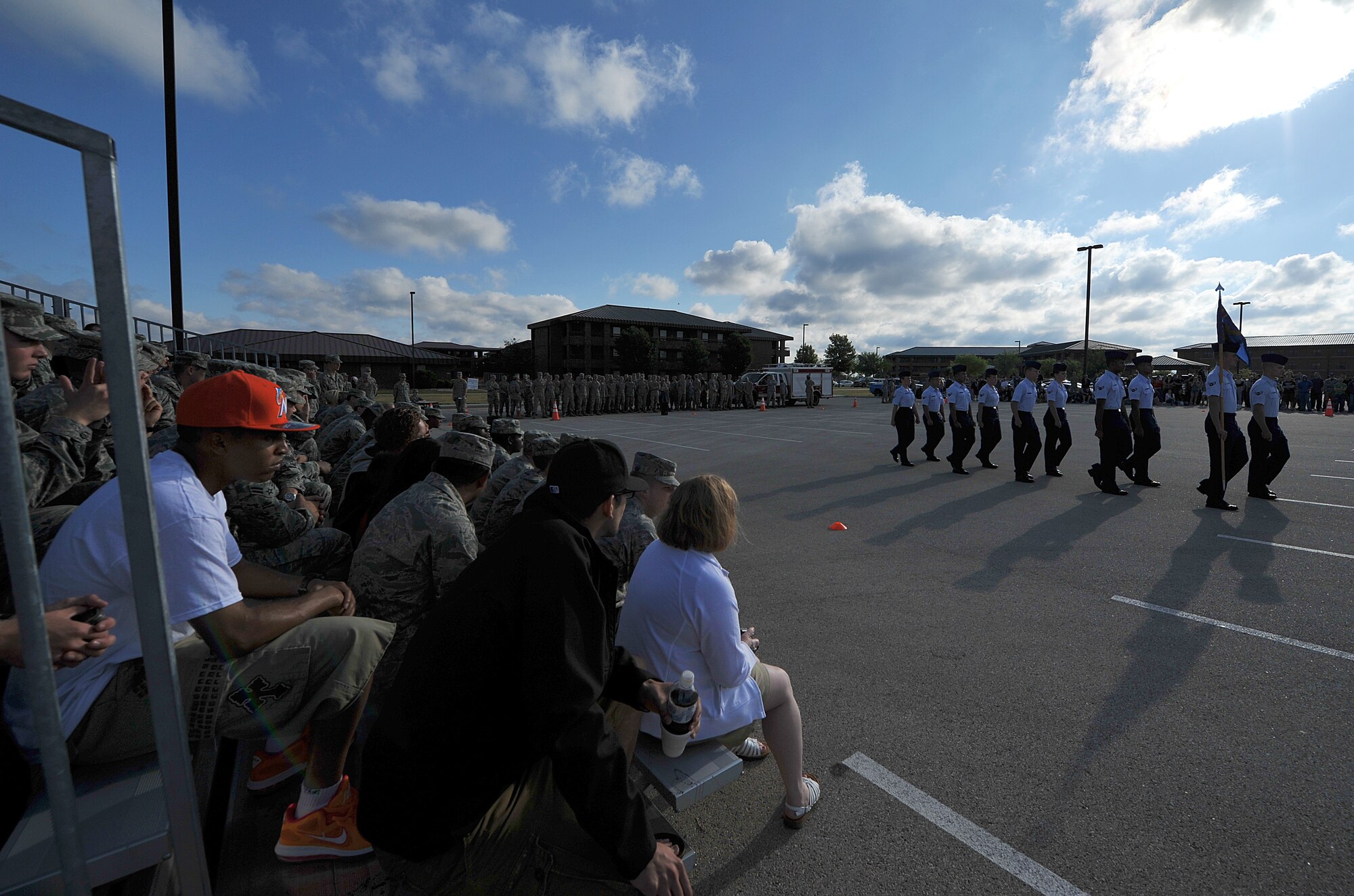 GOODFELLOW AIR FORCE BASE, Texas-- Family, friends, and fellow students watch the 316th Training Squadron perform the regulation drill portion of the drill competition May 12. Each squadron was judged on three events: exhibition drill, regulation drill, and open ranks. (U.S. Air Force photo/Airman 1st Class Michael Smith)