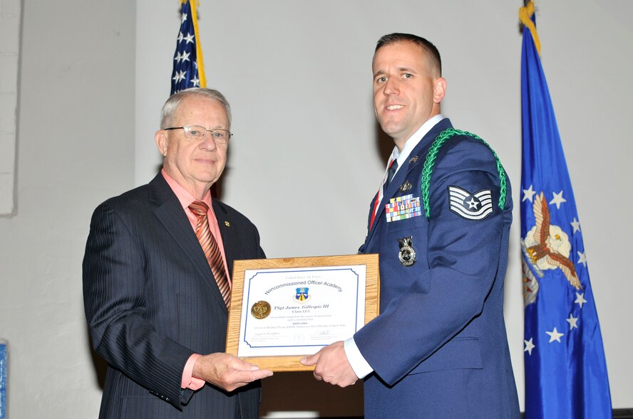 McGHEE TYSON AIR NATIONAL GUARD BASE, Tenn. - Tech. Sgt. James Gillespie, III, right, receives the distinguished graduate award for NCO Academy Class 12-3 at the I.G. Training and Education Center from retired Chief Master Sgt. "Doc" McCauslin, Air Force Sergeants Association, April 12, 2012. The distinguished graduate award is presented to students in the top ten percent of the class.  It is based on objective and performance evaluations, demonstrated leadership, and performance as a team player. (Air National Guard photo by Master Sgt. Kurt Skoglund/Released) 
