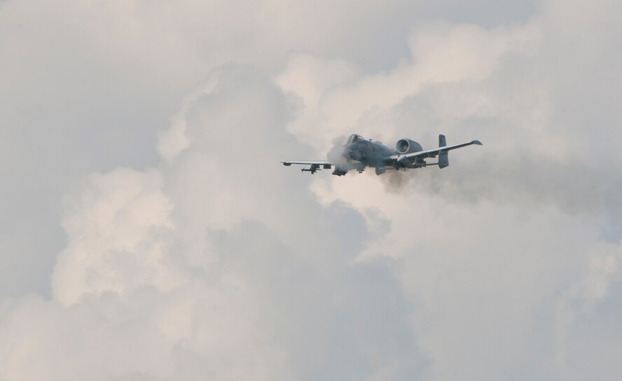 An A-10C Thunderbolt II uses its 30 mm GAU-8/A seven-barrel Gatling gun to strafe a target at Grand Bay Bombing and Gunnery Range, Ga., May 8, 2012. JTACs frequently work with A-10s, which are dedicated close air support aircraft. (U.S. Air Force photo by Airman 1st Class Jarrod Grammel/Released)

